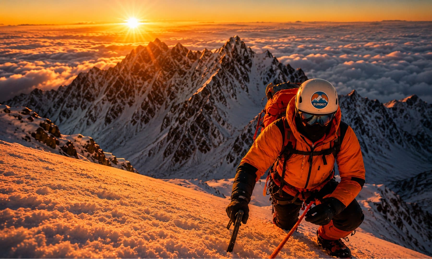 A climber in an orange jacket ascending a snow ridge above the clouds at sunrise